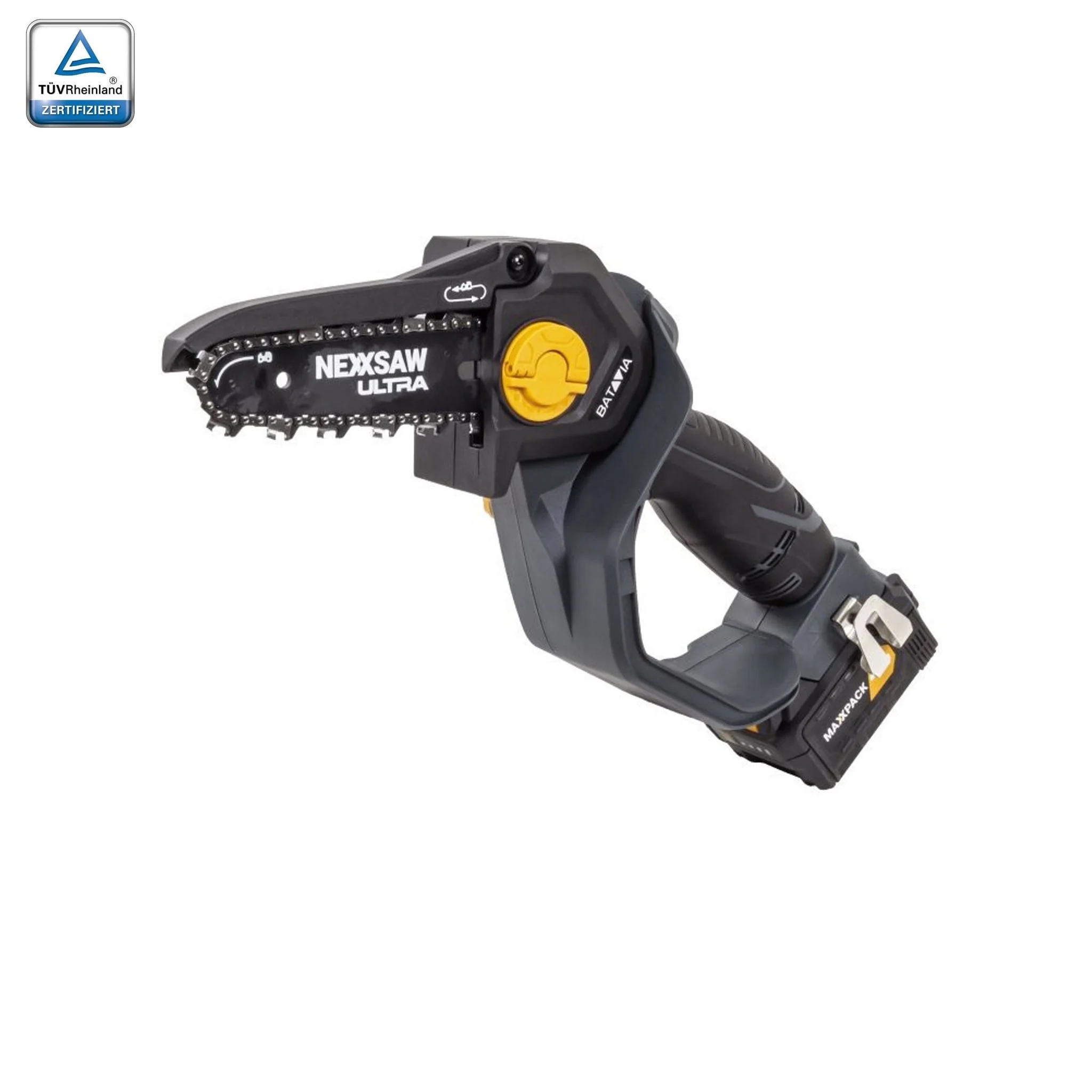 AKU elektrická řetězová pila, jednoruční AKU pilka na větve 18V Li-Ion, bezuhlíkový motor, délka lišty 180 mm, hloubka řezu 150 mm, vč. 4.0Ah baterie a nabíječky, NEXXSAW ULTRA V3.2 BATAVIA