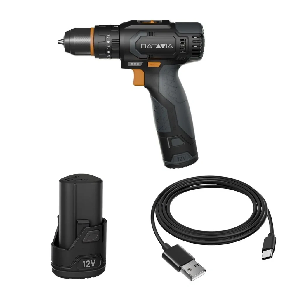 AKU kombinovaná vrtačka, šroubovák a vrtačka s příklepem 12V Li-Ion, 28 Nm, včetně 2,0Ah baterie a nabíjecího kabelu USB-C, sada Fixxpack 2.0 BATAVIA