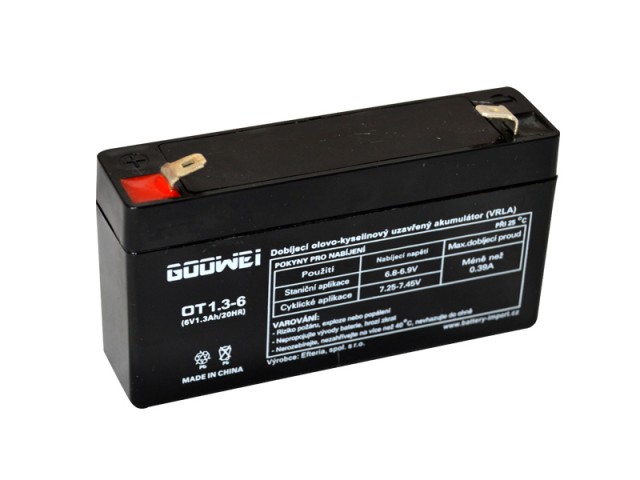 Záložní, staniční baterie VRLA 1,3 Ah , 6 V , kontakty F1 , GOOWEI ENERGY