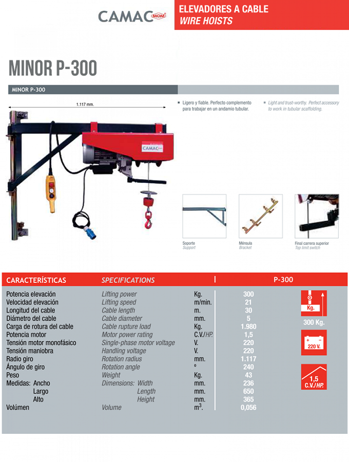 Profesionální stavební vrátek MINOR P-300, nosnost 300 kg, délka lana 30 m, CAMAC