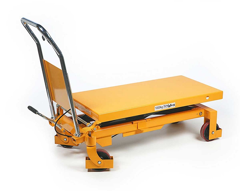 Manipulační vozík s hydraulickým nůžkovým zdvihem a pracovním stolem, nosnost až 1000 kg, zdvih 1000 mm
