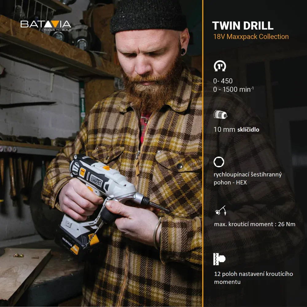 Aku vrtačka a aku šroubovák v jednom TWIN DRILL, 18V Li-Ion, 26 Nm, bez baterie a nabíječky, bateriová platforma MAXXPACK BATAVIA
