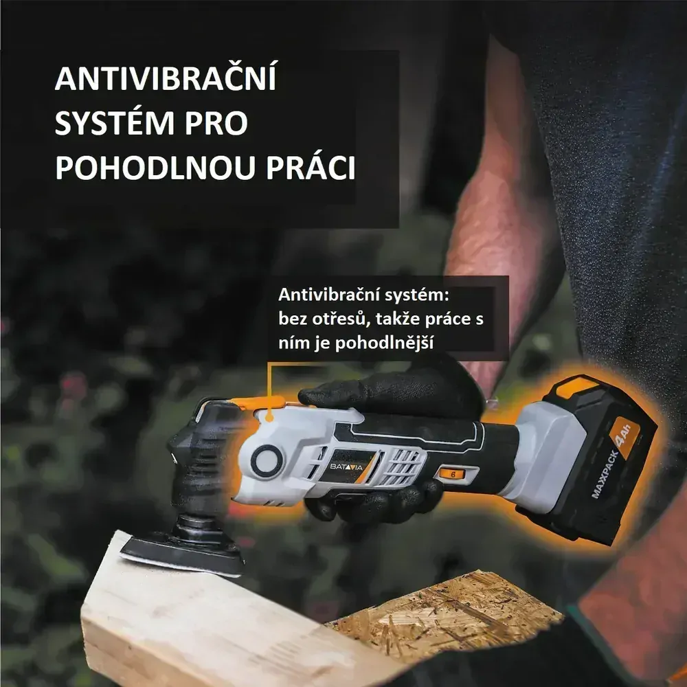 Aku Multitool, bezdrátový univerzální, mulifunkční, oscilační nástroj s potlačením hluku i vibrací, 5.000 - 18.000 ot./min., 18V Li-Ion, bez baterie a nabíječky, MAXXPACK BATAVIA