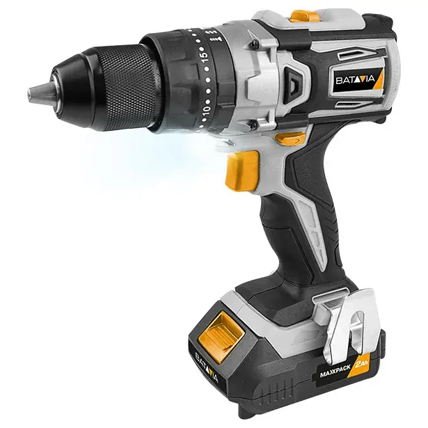 Aku bezdrátová vrtačka s příklepem, bezuhlíkový motor, 18V Li-Ion, 50 Nm, včetně 2Ah baterie, nabíječky a příslušenství, bateriová platforma MAXXPACK BATAVIA