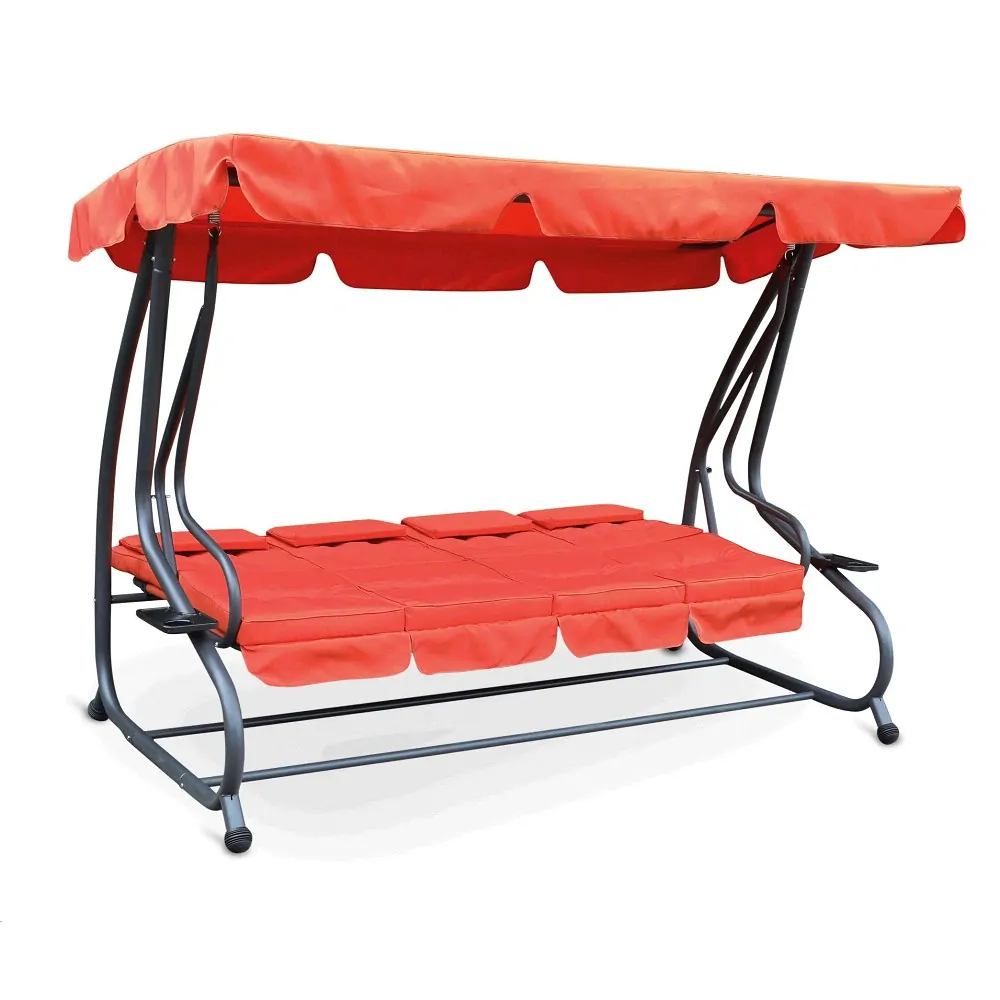 Zahradní houpačka MILANO, prémiová houpací lavice s pevnou konstrukcí a nosností 320 kg, pro 3–⁠⁠⁠⁠⁠⁠4 osoby, lůžková úprava včetně stříšky a čalounění, oranžová barva VeGA