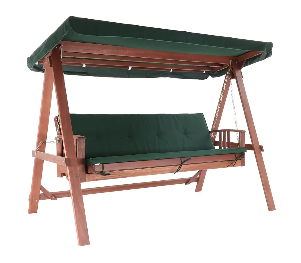 Zahradní houpačka LUX GREEN, prémiová dřevěná houpací lavice s pevnou konstrukcí a nosností 300 kg, pro 3 osoby, lůžková úprava včetně stříšky a čalounění, VeGA