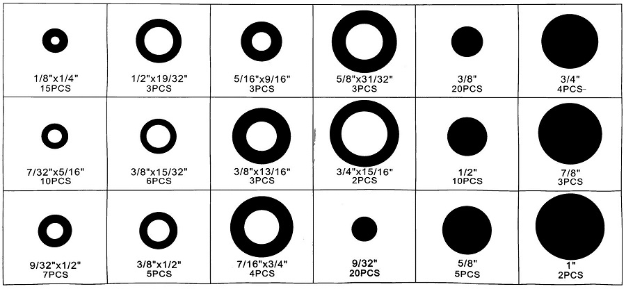 Gumové průchodky 1/8" - 1", otevřené i zavřené, 125 kusů