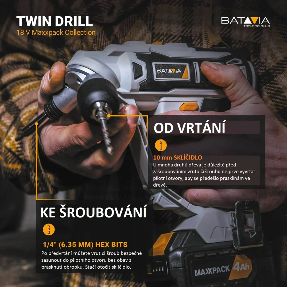 Aku vrtačka a aku šroubovák v jednom TWIN DRILL, 18V Li-Ion, 26 Nm, bez baterie a nabíječky, bateriová platforma MAXXPACK BATAVIA