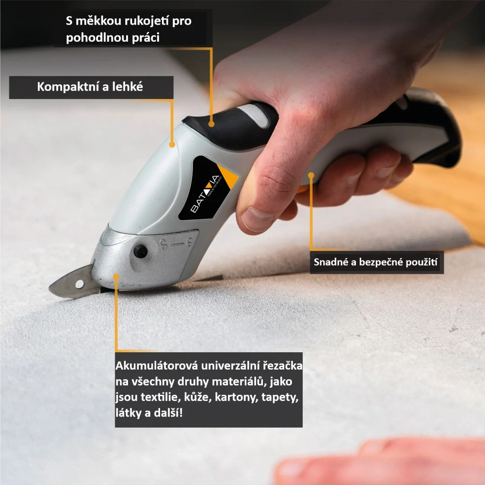 Aku elektrické univerzální nůžky, akumulátorový řezák na střihání látky, kůže, koberce, lina, kartonu a dalších materiálů, 3.6V Li-Ion 1.500 mAh, MAXXCUT BATAVIA