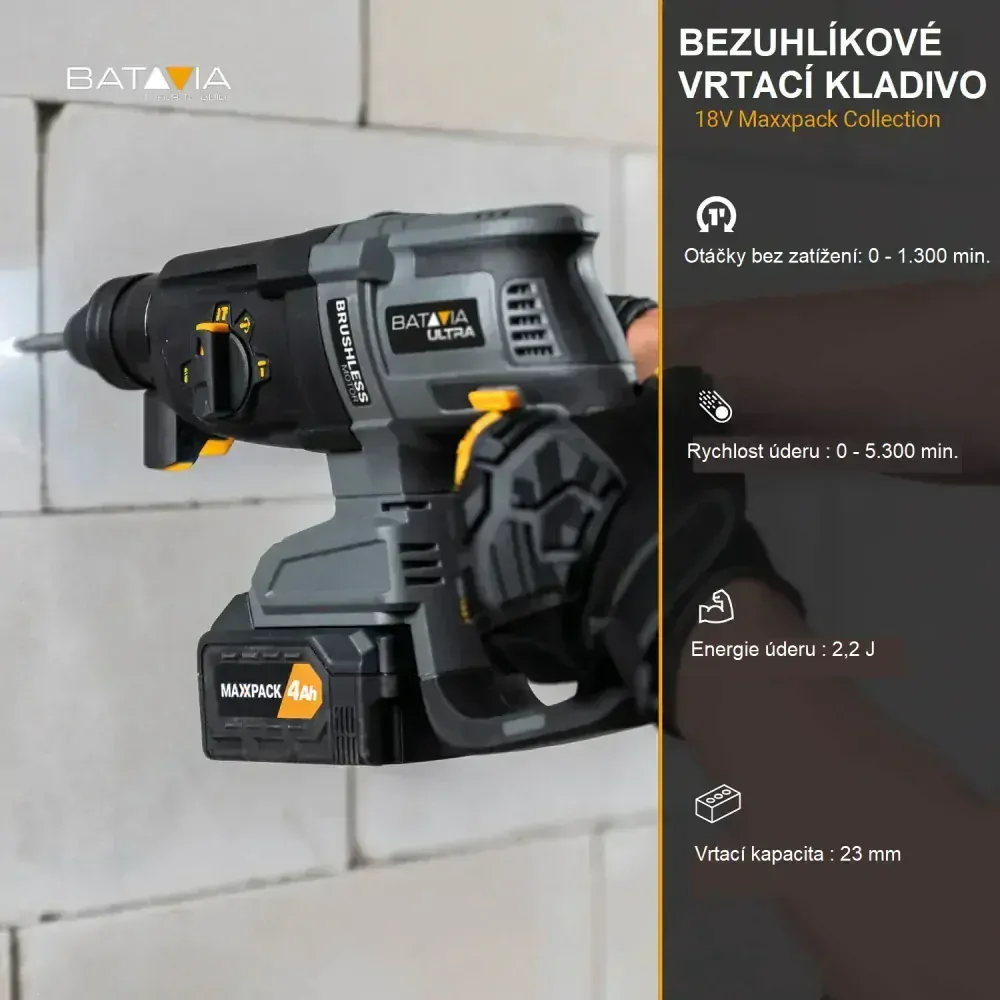 Aku bezdrátové, vrtací kladivo, bezuhlíkový motor, SDS+, 18V Li-Ion, energie 2,2J, 5.500 úderů za minutu, bez baterie a nabíječky, bateriová platforma MAXXPACK ULTRA BATAVIA