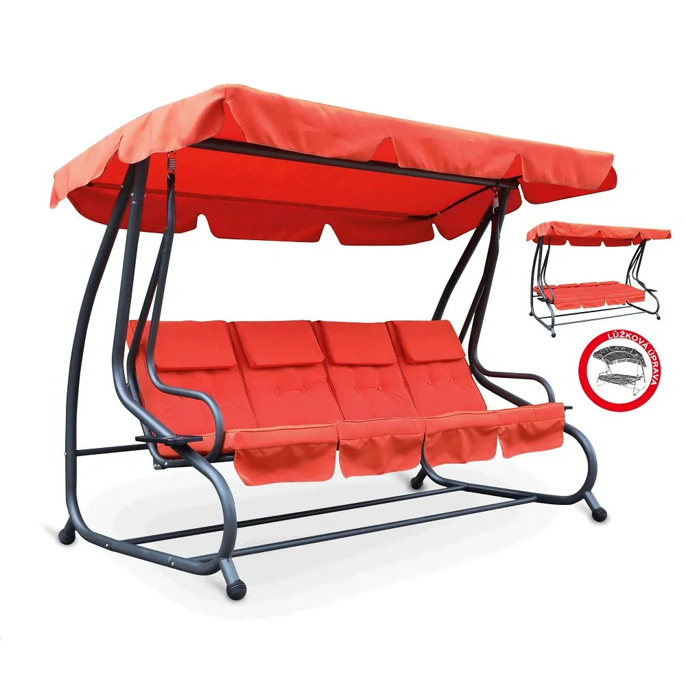 Zahradní houpačka MILANO, prémiová houpací lavice s pevnou konstrukcí a nosností 320 kg, pro 3–⁠⁠⁠⁠⁠⁠4 osoby, lůžková úprava včetně stříšky a čalounění, oranžová barva VeGA