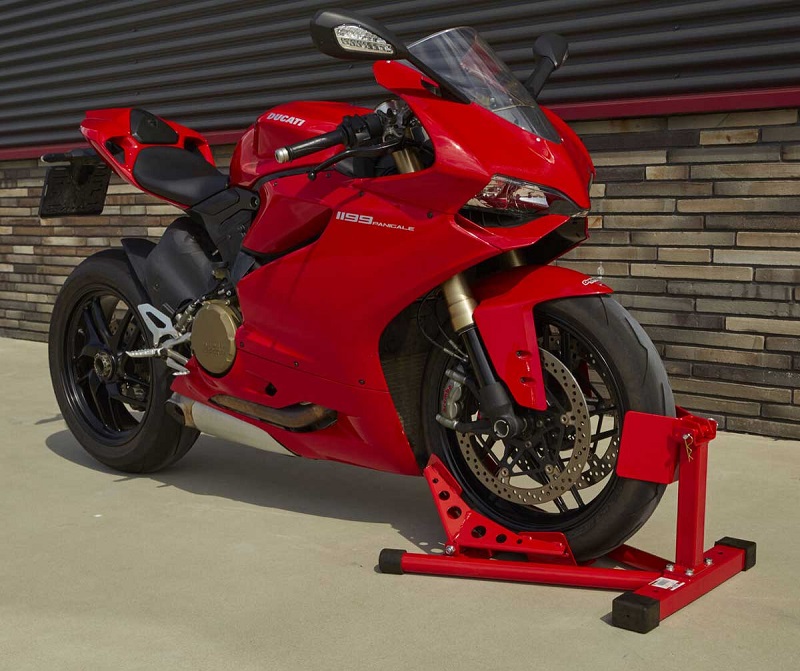 Motocyklový protipojezdový stojan pro uchycení předního kola - černý