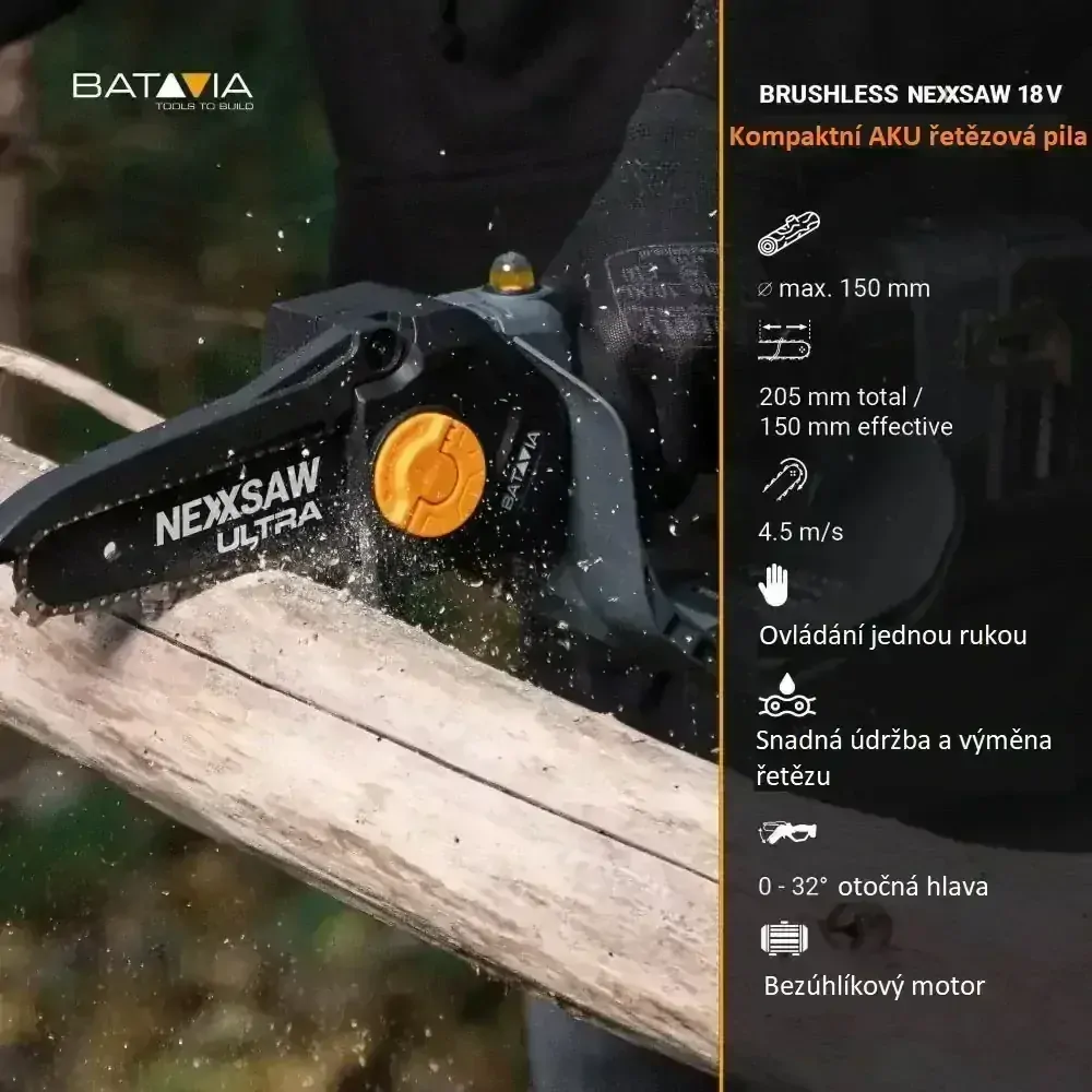 AKU elektrická řetězová pila, jednoruční AKU pilka na větve 18V Li-Ion, bezuhlíkový motor, délka lišty 180 mm, hloubka řezu 150 mm, bez baterie a nabíječky, bateriová platforma MAXXPACK, NEXXSAW ULTRA V3.2 BATAVIA