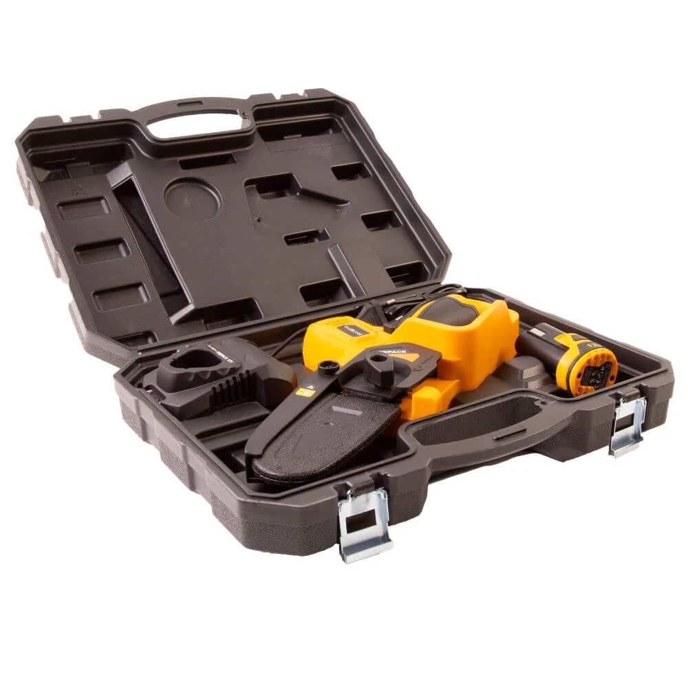 Aku bezdrátová jednoruční pilka na větve, vyvětvovací pila, minipila, 12V Li-Ion, 4.000 ot./min., 154 mm lišta, včetně baterie, nabíječky a kufru, FIXXPACK BATAVIA