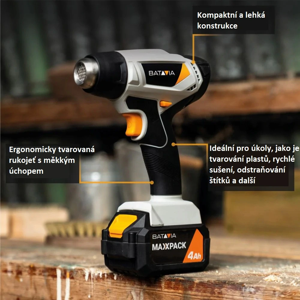 Aku bezdrátová horkovzdušná pistole, 18V Li-Ion, max. teplota 550°C, 200 l./min., bez baterie a nabíječky, bateriová platforma MAXXPACK BATAVIA