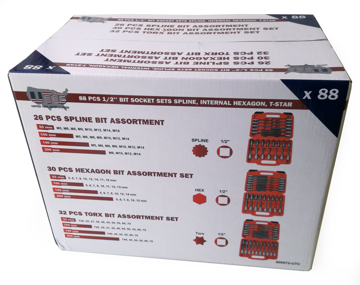 Velká sada 1/2" hlavic s bity, CrV, XZN-Torx-Inbus, standardní a prodloužené, 88 dílů, Welzh