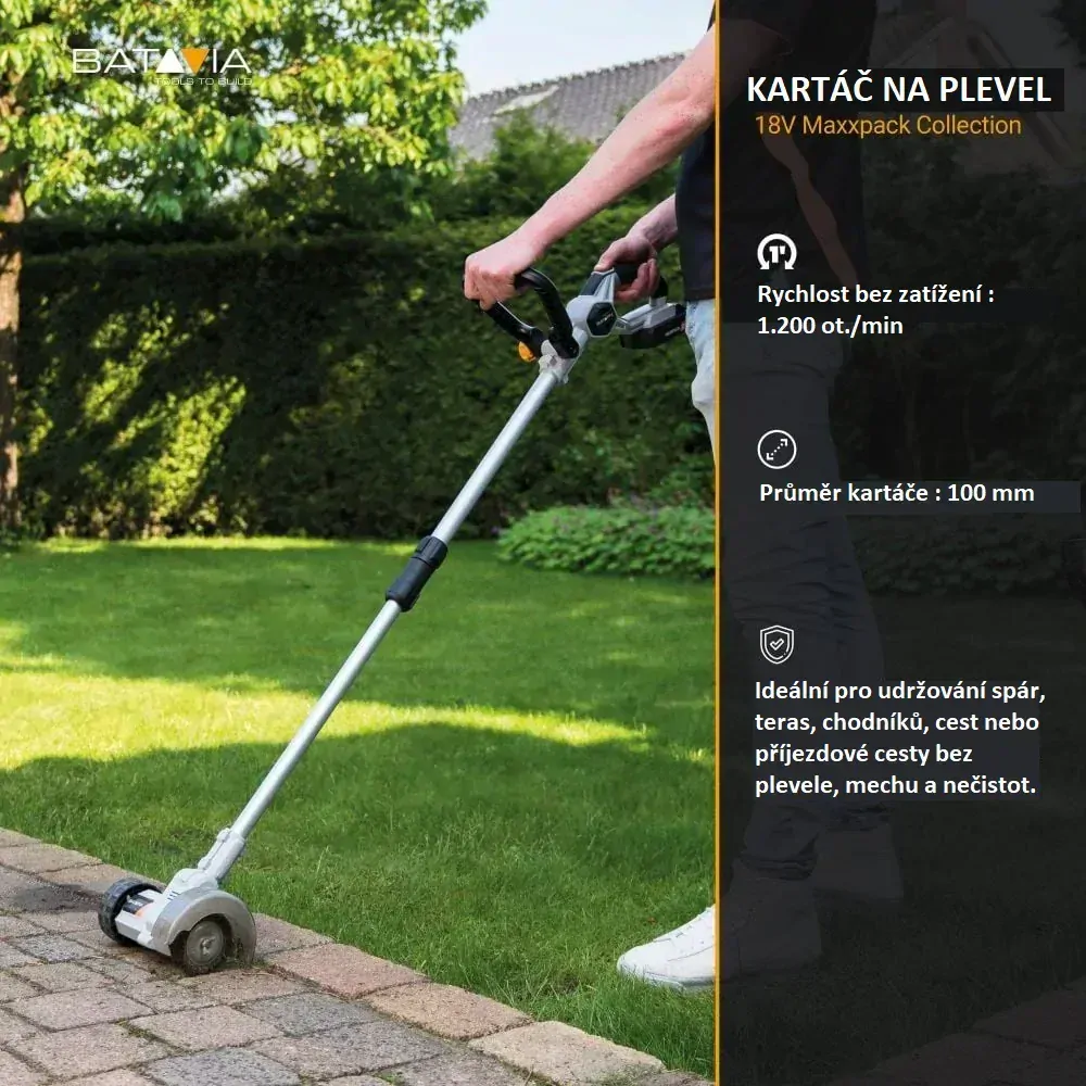 Aku bezdrátový kartáč na čištění spár, odstraňovač plevele, mechu a nečistot, 18V Li-Ion, 1200ot./min., průměr 100mm, bez baterie a nabíječky, MAXXPACK BATAVIA