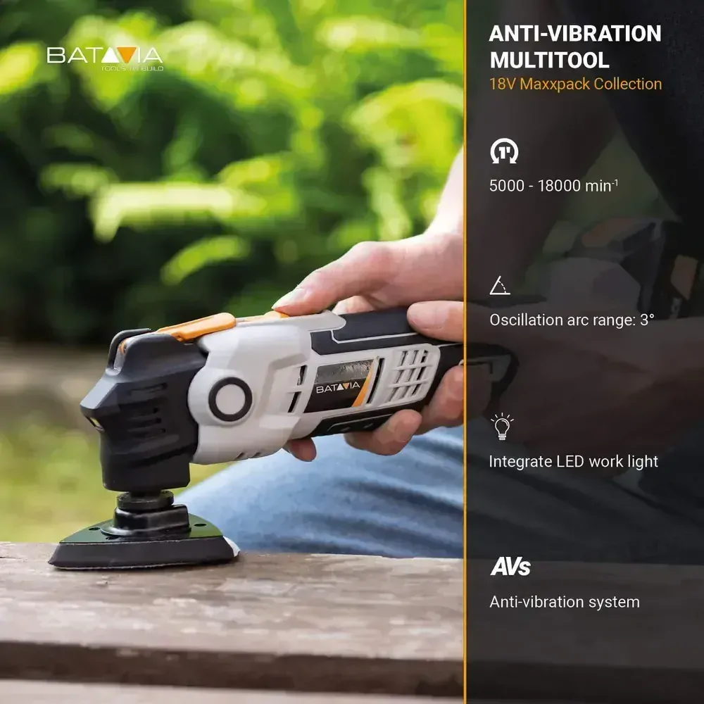 Aku Multitool, bezdrátový univerzální, mulifunkční, oscilační nástroj s potlačením hluku i vibrací, 5.000 - 18.000 ot./min., 18V Li-Ion, bez baterie a nabíječky, MAXXPACK BATAVIA