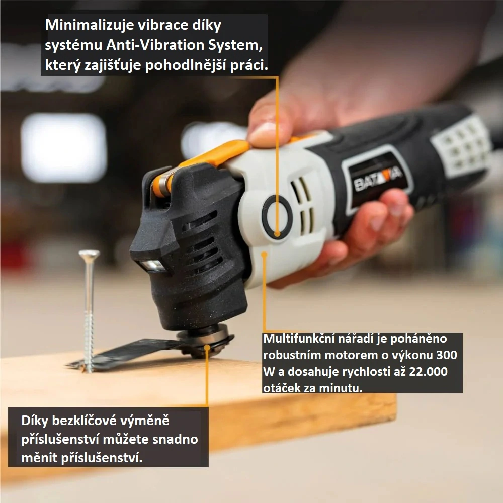 Univerzální, multifunkční oscilační nástroj s potlačením vibrací, Multitool. Pro řezání, broušení, ponorné řezání, škrabání a leštění, 300 W, AVS, 22.000 ot./min. MAXXSERIES BATAVIA