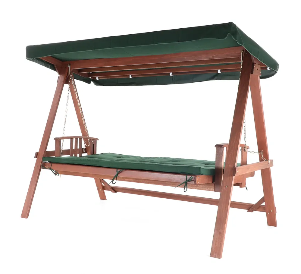 Zahradní houpačka LUX GREEN, prémiová dřevěná houpací lavice s pevnou konstrukcí a nosností 300 kg, pro 3 osoby, lůžková úprava včetně stříšky a čalounění, VeGA