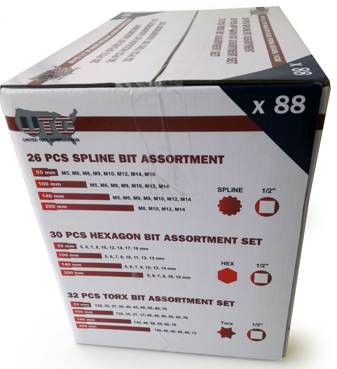 Velká sada 1/2" hlavic s bity, CrV, XZN-Torx-Inbus, standardní a prodloužené, 88 dílů, Welzh