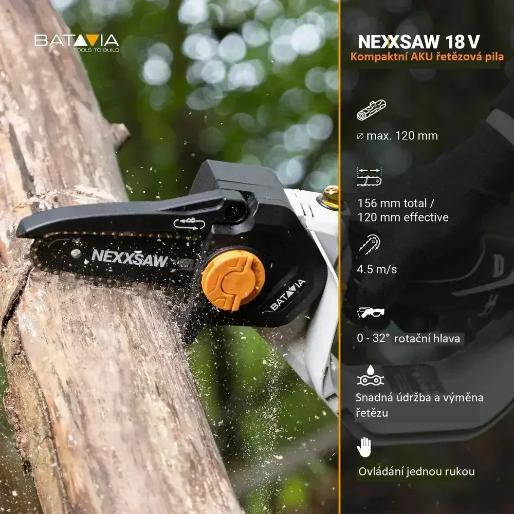 AKU elektrická řetězová pila, jednoruční AKU pila na větve 18V Li-Ion, délka lišty 154 mm, hloubka řezu 120 mm, bez baterie a nabíječky, bateriová platforma MAXXPACK, NEXXSAW V3.1 BATAVIA