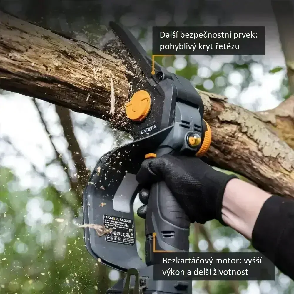 AKU elektrická řetězová pila, jednoruční AKU pilka na větve 18V Li-Ion, bezuhlíkový motor, délka lišty 180 mm, hloubka řezu 150 mm, bez baterie a nabíječky, bateriová platforma MAXXPACK, NEXXSAW ULTRA V3.2 BATAVIA