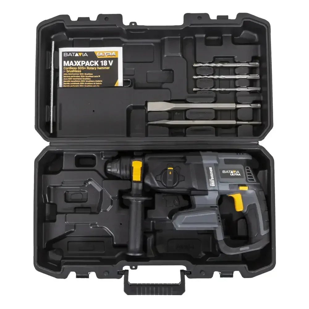 Aku bezdrátové, vrtací kladivo, bezuhlíkový motor, SDS+, 18V Li-Ion, energie 2,2J, 5.500 úderů za minutu, bez baterie a nabíječky, bateriová platforma MAXXPACK ULTRA BATAVIA