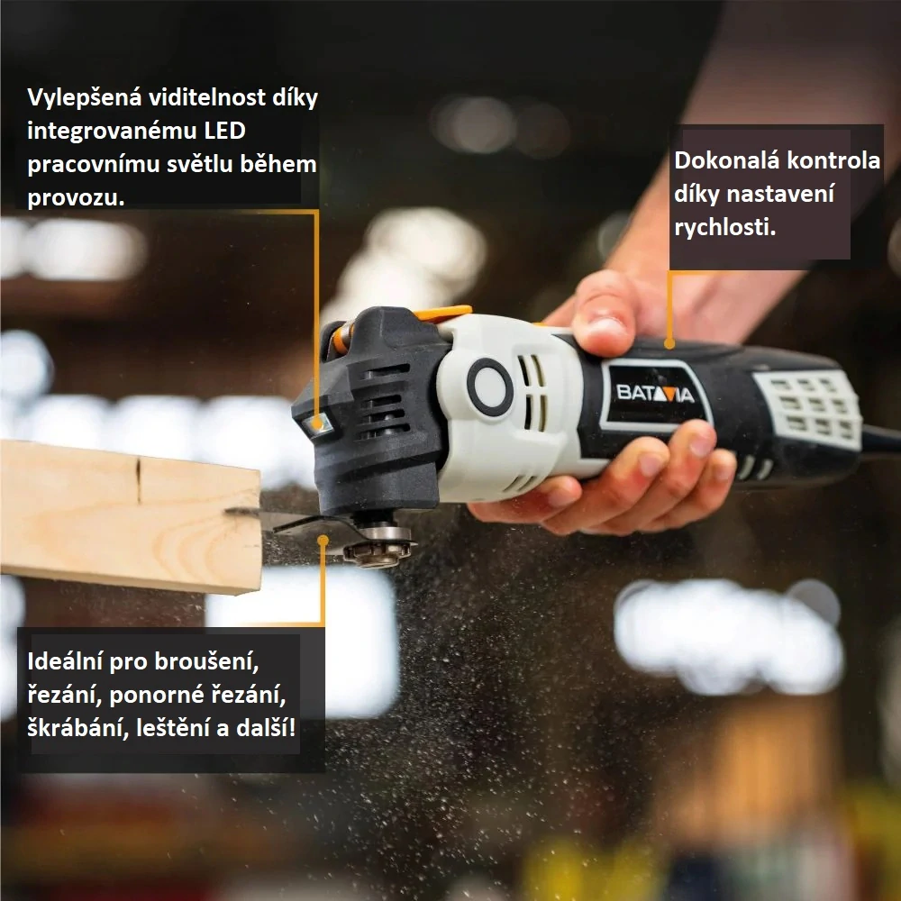 Univerzální, multifunkční oscilační nástroj s potlačením vibrací, Multitool. Pro řezání, broušení, ponorné řezání, škrabání a leštění, 300 W, AVS, 22.000 ot./min. MAXXSERIES BATAVIA