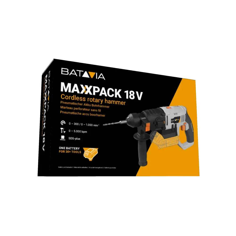 AKU bezdrátové vrtací kladivo s příklepem, SDS plus, 18V Li-Ion, 5000 příklepů za min., energie 0,8 Joule, bez baterie a nabíječky, bateriová platforma MAXXPACK BATAVIA