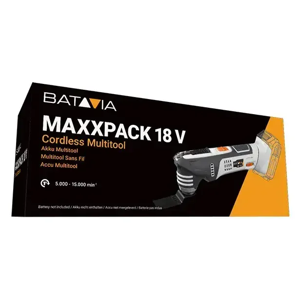 Aku bezdrátové oscilační, multifunkční zařízení Multitool, univerzální nástroj do dílny, 18V Li-Ion, bez baterie a nabíječky, bateriová platforma BATAVIA MAXXPACK