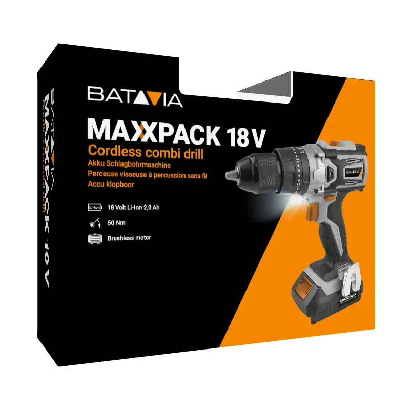 Aku bezdrátová vrtačka s příklepem, bezuhlíkový motor, 18V Li-Ion, 50 Nm, včetně 2Ah baterie, nabíječky a příslušenství, bateriová platforma MAXXPACK BATAVIA