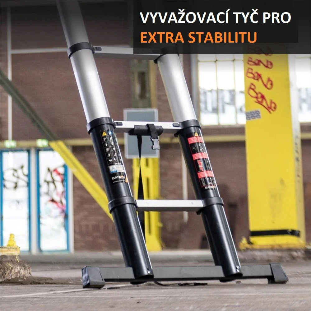 Hliníkový žebřík teleskopický, profesionální, kvalitní zpracování, délka žebříku 4,15 m, s indikátorem úhlu, max. pracovní výška 5,18 m, 14 příček, nosnost 150 kg, BATAVIA