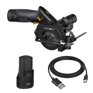 AKU okružní pila, průměr řezného kotouče 85 mm, 12V Li-Ion, včetně 2,0Ah baterie a nabíjecího kabelu USB-C, sada Fixxpack 2.0 BATAVIA